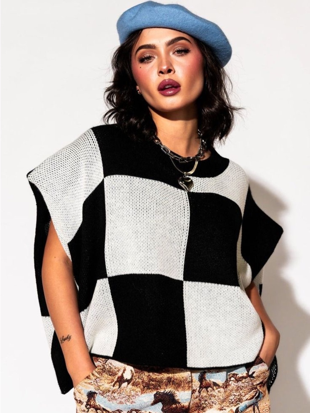 Dressed in LALA Knit Sleeveless Sweater Top in Checkerboard - L/XL